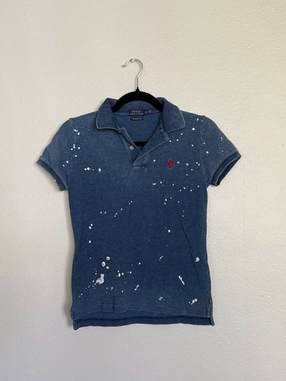 Polo Ralph Lauren Paint Splatter Skinny Polo Shirt S P Indigo Blue Mesh Red Pony